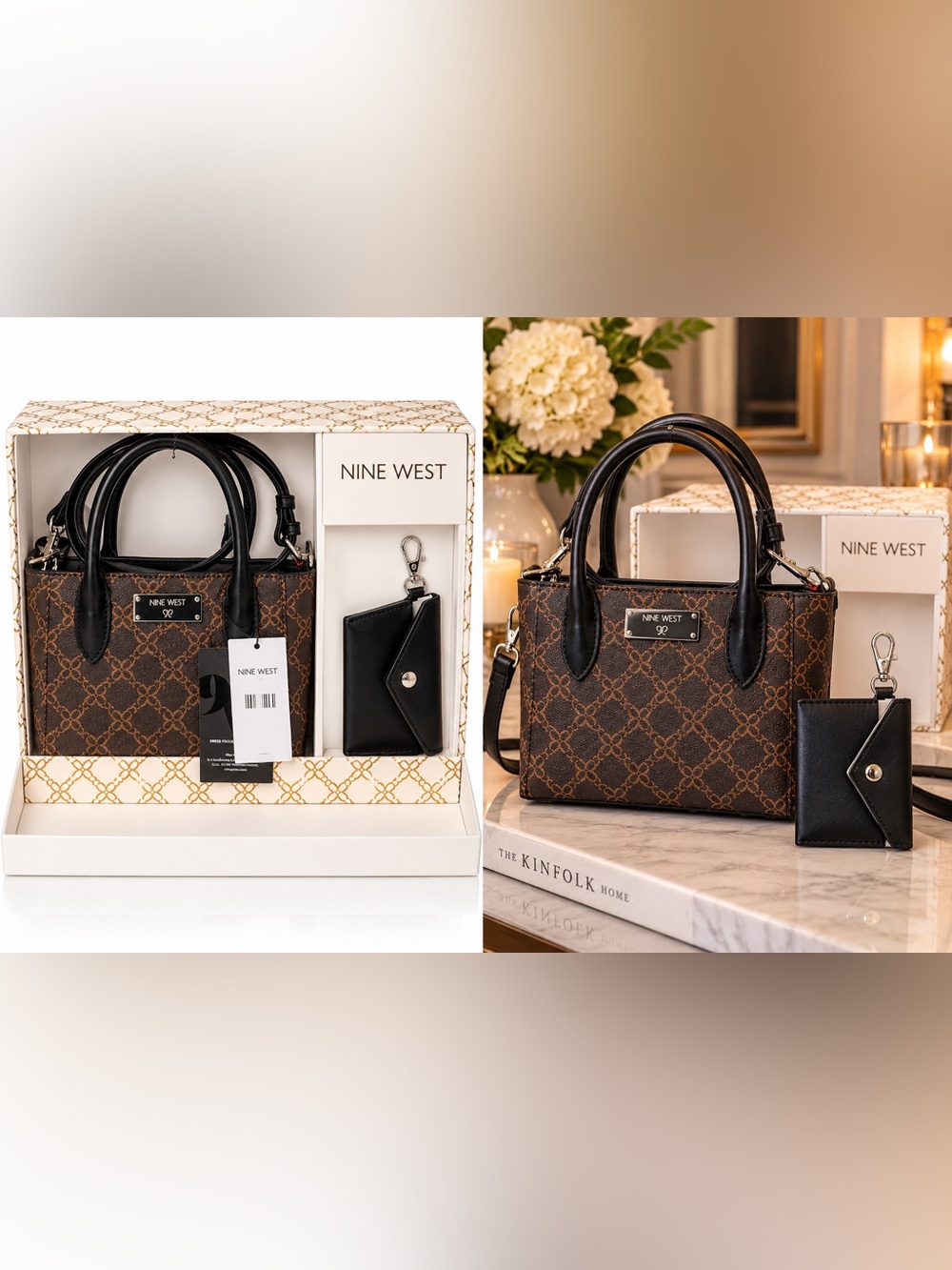 Nine West Brown & Black Signature Satchel with Card Key Pouch